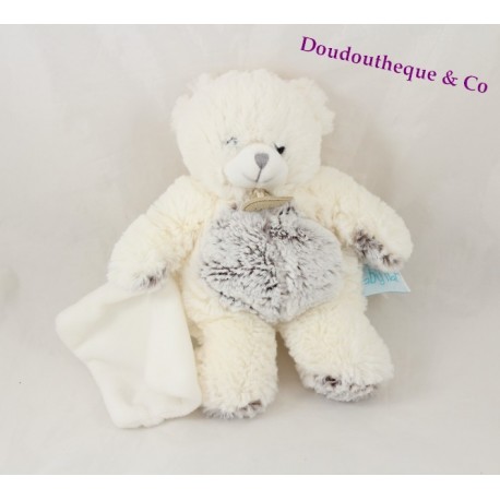 Doudou mouchoir ours BABY NAT' Les Flocons blanc marron chiné 21 cm