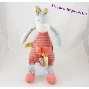 Doudou plat Ane MOULIN ROTY Biscotte et Pompon attache tétine anneau