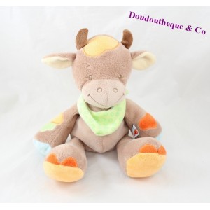 Peluche vache NATTOU Little Garden marron orange foulard vert 24 cm