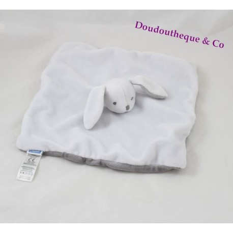 Doudou plat lapin JACADI blanc gris carré 24 cm