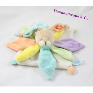 Doudou plat lapin BABY NAT' Mon lapin arc-en-ciel pétales vert jaune bleu mauve