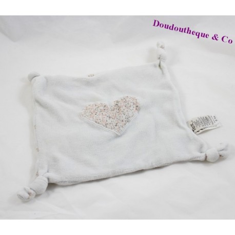 Doudou plat coeur TEX fleurs gris noeuds 20 cm Doudou plat coeur TEX fleurs gris noeuds 20 cm