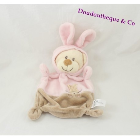 Doudou flat bear GRAIN DE BLÉ disguised as beige pink rabbit 21 cm