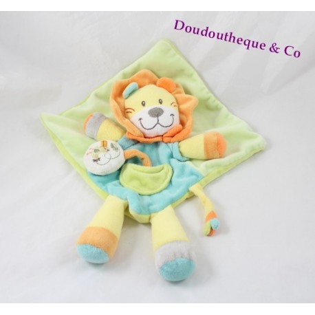 Doudou plat lion NICOTOY vert et bleu Doudou plat lion NICOTOY vert et bleu