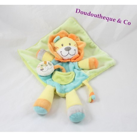 Doudou plat lion NICOTOY vert et bleu 