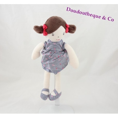 Doudou poupée OBAIBI fillette robe grise plume brune 27 cm Doudou poupée OBAIBI fillette robe grise plume brune 27 cm