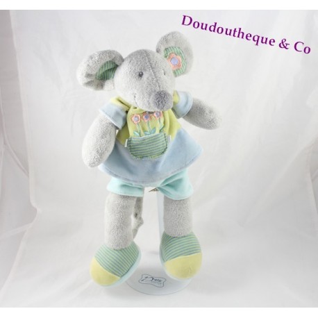 Peluche souris THE PLUSHIES COLLECTION BY LOMBOK grise fleur vert bleu