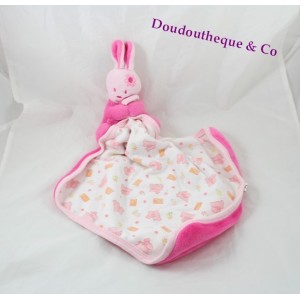 Doudou mouchoir lapin MFG rose imprimé lapin carottes grelot