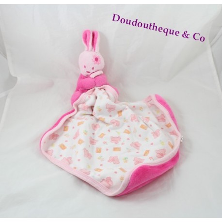Doudou mouchoir lapin MFG rose imprimé lapin carottes grelot Doudou mouchoir lapin MFG rose imprimé lapin carottes grelot