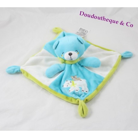 Doudou plat ours MOTS D'ENFANTS bleu vert ours polaire Leclerc 32 cm