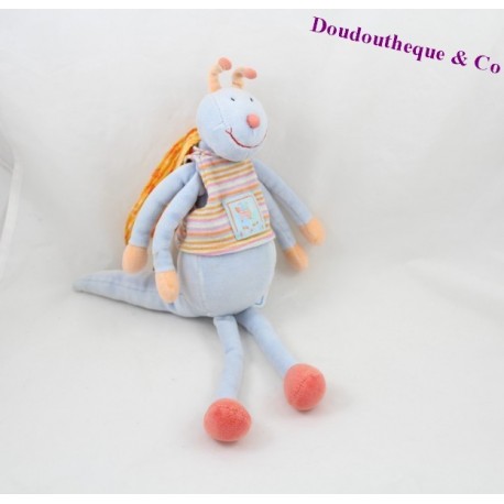 Doudou libellule MOULIN ROTY Zéphir et Zoé bleu ailes orange 36 cm