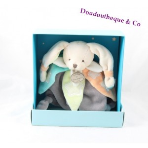 Doudou lapin marionnette plat bleu tatoo fleurs Doudou et Compagnie