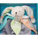 Doudou lapin marionnette plat bleu tatoo fleurs Doudou et Compagnie