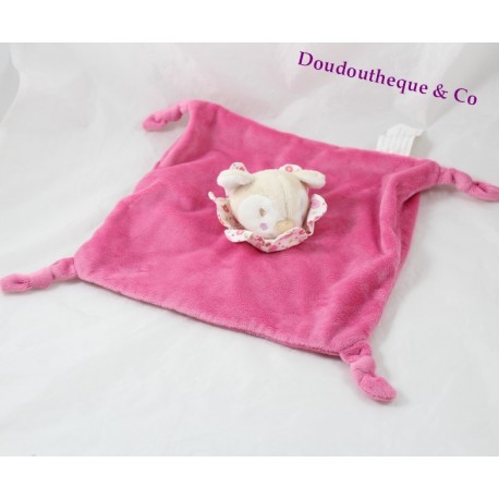 Doudou plat faon biche KIMBALOO rose col fleuris noeud 25 cm Doudou plat faon biche KIMBALOO rose col fleuris noeud 25 cm