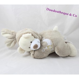 AUCHAN bear musical plush disguised as rabbit with taupe gray moon 28 cm
