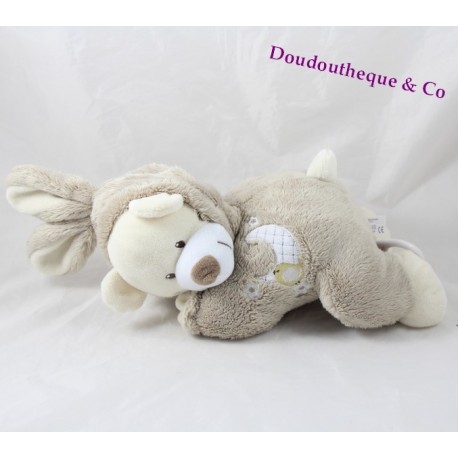 Peluche musicale ours AUCHAN déguisé en lapin avec lune gris taupe 28 cm