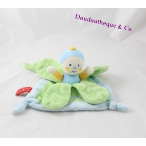 Doudou plat Garçon Doum Chenille KATHERINE ROUMANOFF Dim Dam Doum Les Petits Doudous bleu vert pétales