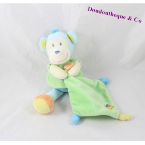 Doudou Singe POMMETTE mouchoir vert brodé éléphant 23 cm 