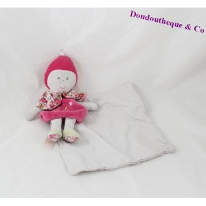 Doudou mouchoir poupée BERLINGOT rose blanc fleurs 20 cm
