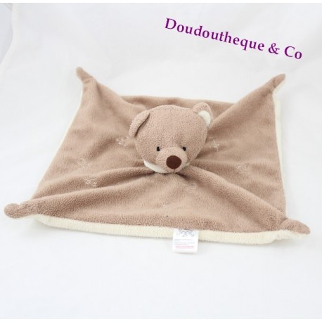 Doudou plat ours LES CHATOUNETS marron beige empreintes 25 cm