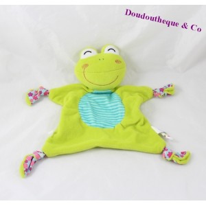 Flache Doudou Frosch P' little Kiss AUBERT grün und Blau Blumen 30 cm Glocke