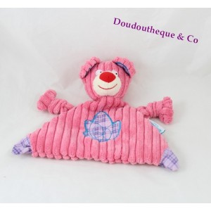 Doudou plat ours FUTUROSCOPE rose côtelé bleu mauve 24 cm