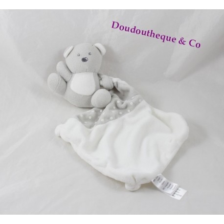 Doudou mouchoir ours CADES blanc gris motifs pois