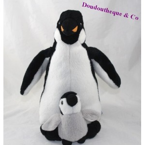 Peluche pingouin MARINELAND manchot et son bébé gris noir 29 cm