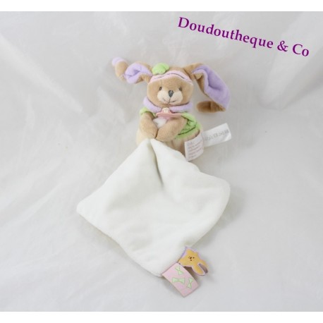 Doudou mouchoir Lila lapin DOUDOU ET COMPAGNIE rose vert mauve 28 cm