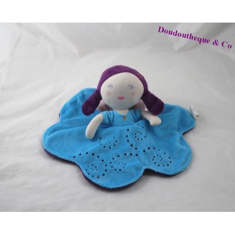 Doudou flachen quadratische weiße Fee lila blau Flügel 28 cm