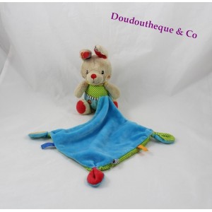 Doudou mouchoir lapin OUATOO LOGITOYS bleu vert pois 15 cm