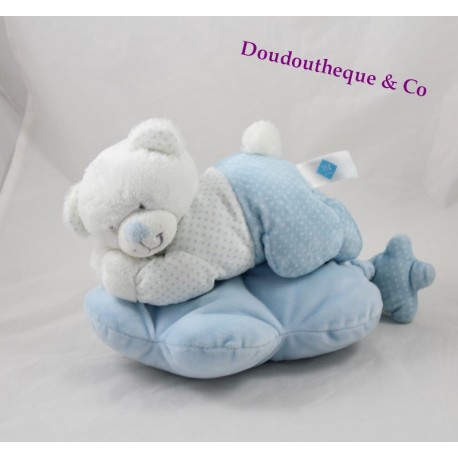 Teddy musical bear TEX BABY blue lying cloud peas Carrefour 28 cm