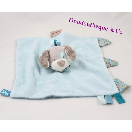 Doudou plat Cyril chien NATTOU Gaston et Cyril bleu turquoise gris train 