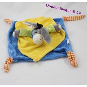 Doudou flat donkey PLAYKIDS blue yellow bandana scratched 27 cm