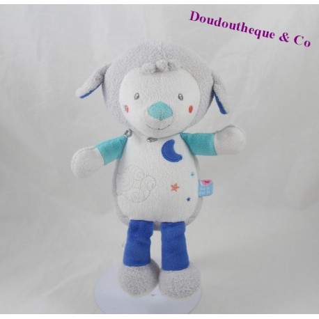 Doudou mouton SUCRE D'ORGE lune bleu blanc gris 24 cm