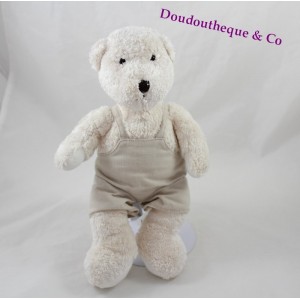 Teddy bear J-LINE white 28 cm beige linen overalls