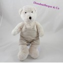 Teddy bear J-LINE white 28 cm beige linen overalls