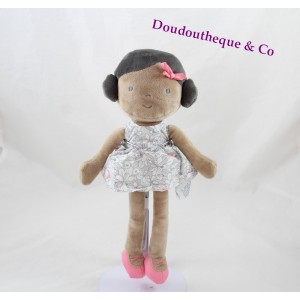 Doudou poupée OBAIBI fille métisse robe grise fleuris brune 27 cm