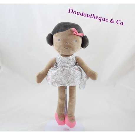 Doudou poupée OBAIBI fille métisse robe grise fleuris brune 27 cm