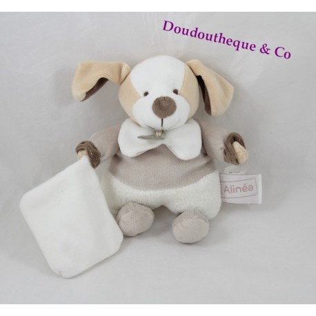 Doudou mouchoir chien Alinéa Doudou et Compagnie beige blanc 18 cm