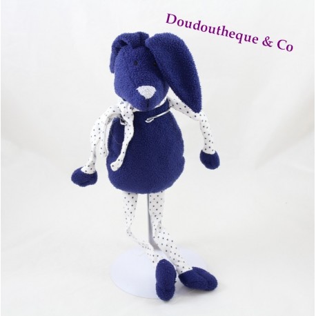 Doudou lapin BOUT'CHOU bleu foncé tissu étoiles Monoprix 30 cm