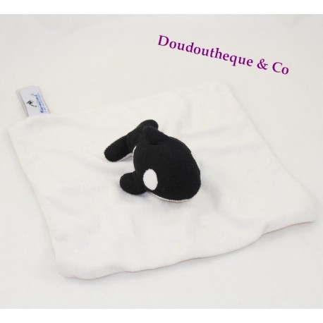 Doudou plat orque MARINELAND carré blanc orque noir et blanc 22 cm