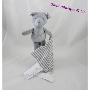 Doudou mouchoir ours CADET ROUSSELLE gris blanc rayures  24 cm