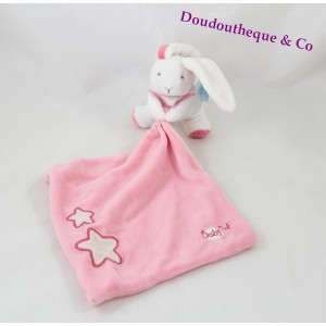 Doudou lapin BABY NAT' mouchoir rose étoiles luminescent brille dans le noir 30 cm