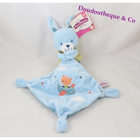 Doudou Kaninchen WANGENKNOCHEN Taschentuch blau Flugzeug und tragen orange 36 cm