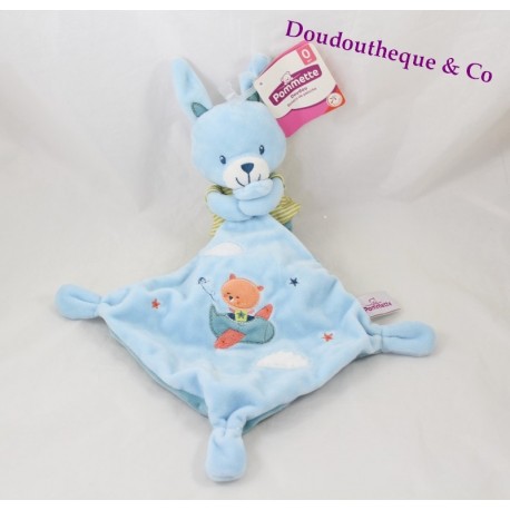 Doudou rabbit CHEEKBONE handkerchief blue plane and bear orange 36 cm