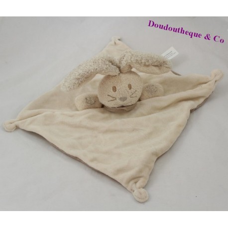 Doudou plat lapin Nature et Découvertes beige rayé dessous marron