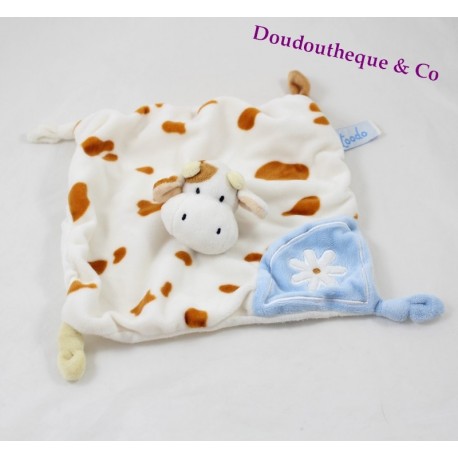 Doudou plat vache TOODO blanc marron bleu marguerite