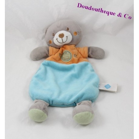 Doudou plat chat TEX BABY Carrefour orange bleu 33 cm