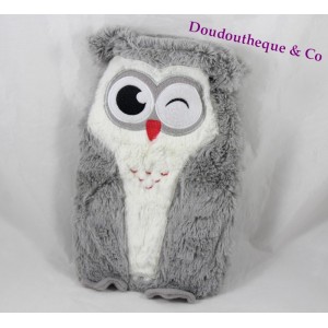 Bouillotte peluche hibou gris blanc clin d'oeil 30 cm